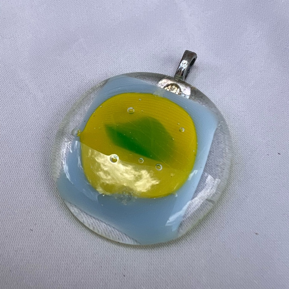 Handcrafted Elegent Glass Pendant with Yellow and Blue Accents